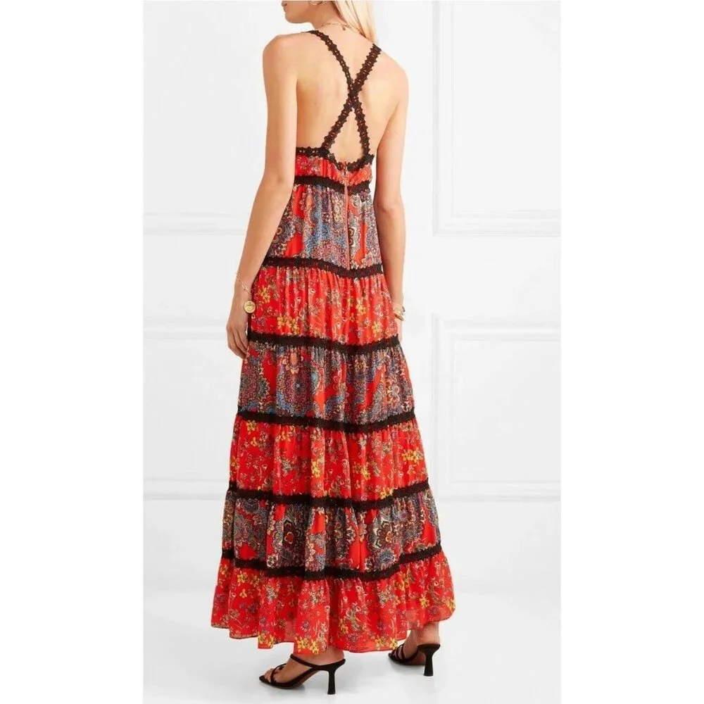 Alice + Olivia Karolina Red Tiered Halter Maxi Dress 6 - Picture 3 of 11